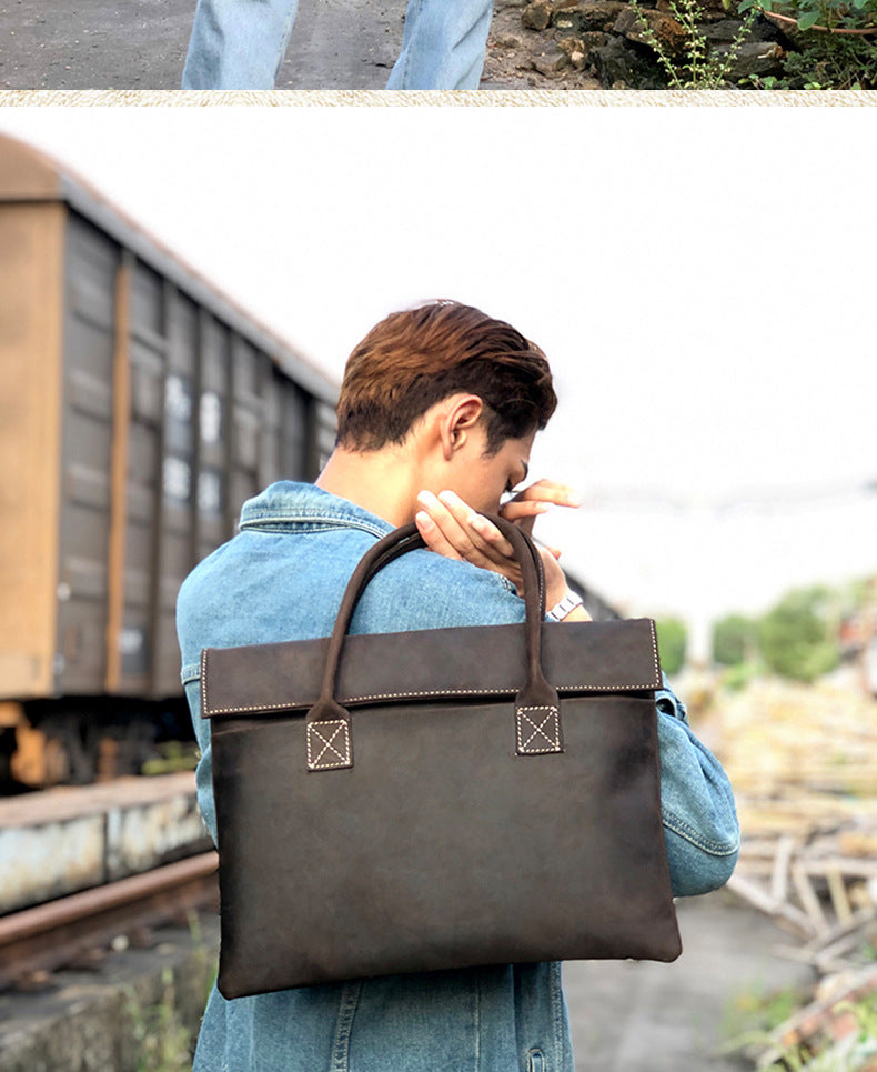 Men's handbag handbag handmade Korean fashion genuine cowhide leather casual business briefcase thin computer bag 