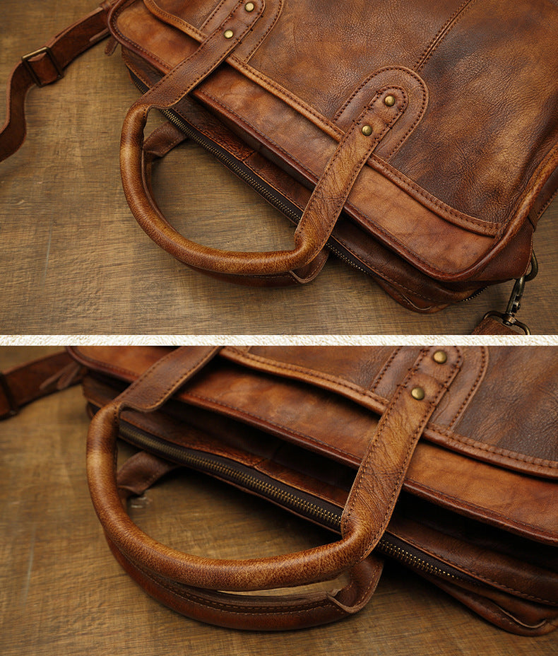 Men's handbag briefcase handmade cowhide retro travel bag crossbody shoulder bag computer bag handbag 
