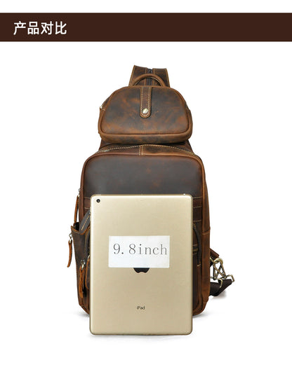 Men's Backpack Cowhide Genuine Leather Versatile Retro Outdoor Fashion Men's Bust Bag 