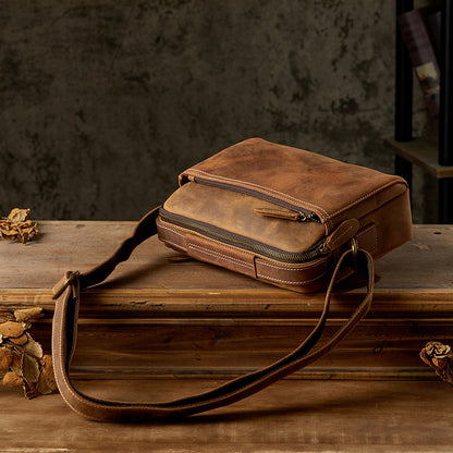 Men's Shoulder Bag Handmade Cow Leather Casual Simple Retro Zipper Crossbody Bag 