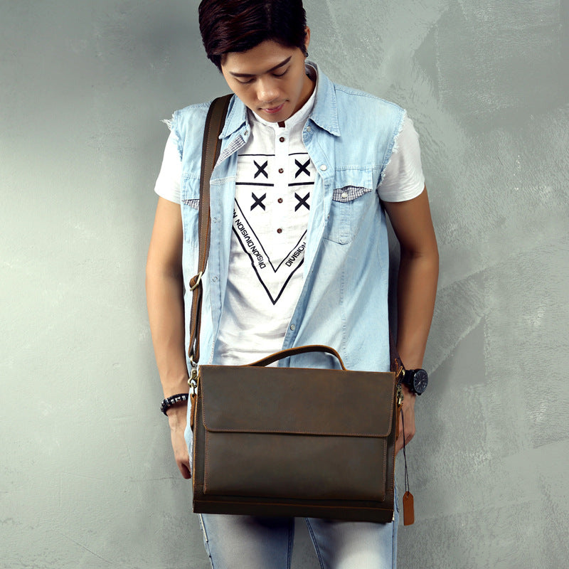 Men's Handbag Briefcase Handmade Cowhide Genuine Leather Retro Simple Messenger Bag Business Casual Men's Shoulder Bag Crossbody Bag 