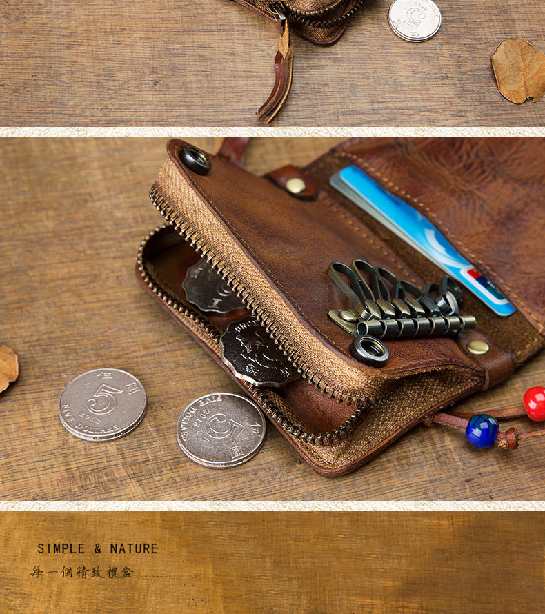 Men's wallet, genuine cowhide leather, key chain, coin purse, zipper, multi-function, large capacity, card bag for men 