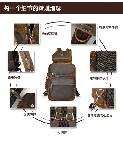 Men's Backpack Cowhide Genuine Leather Versatile Retro Outdoor Fashion Men's Bust Bag 