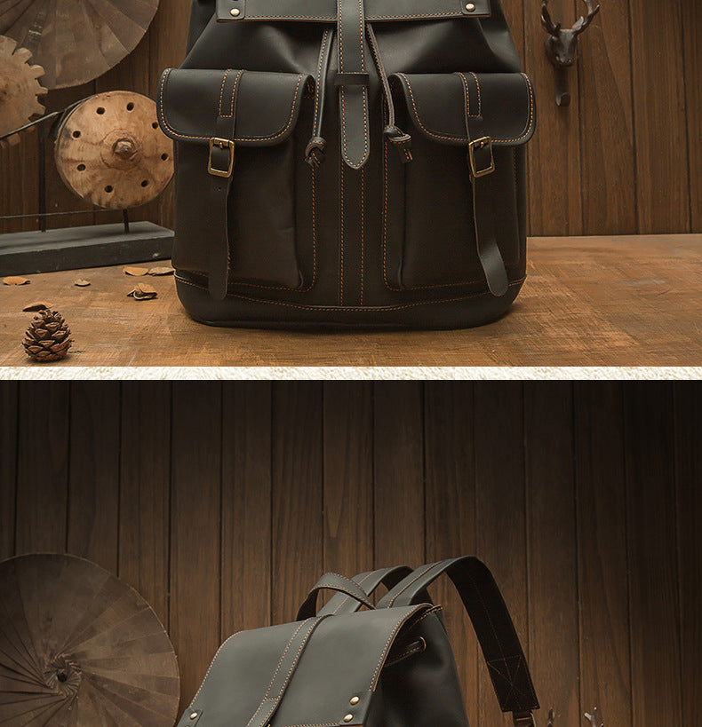 Men's backpack handmade original cowhide genuine leather retro fashion unisex casual bag 