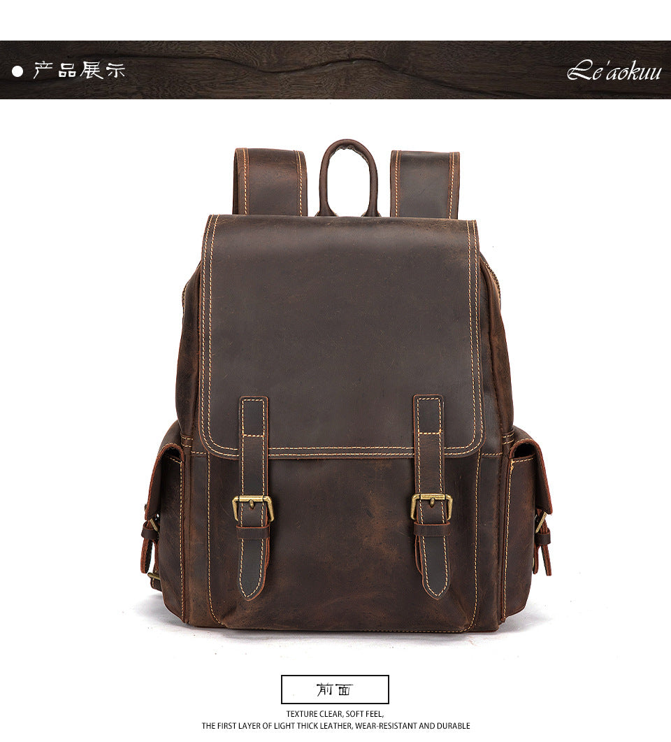 Men's Rucksack Genuine Cowhide Leather Retro Large Capacity Computer Bag for Men 