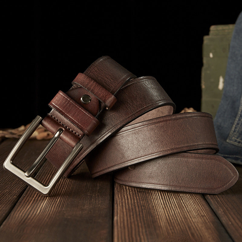 Men's Belt Handmade Cowhide Genuine Leather Retro Simple Casual Fashion Stainless Steel Needle Buckle Men's Belt 