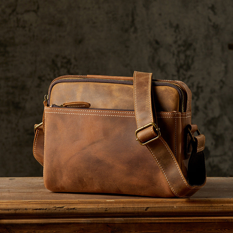 Men's Shoulder Bag Handmade Cow Leather Casual Simple Retro Zipper Crossbody Bag 
