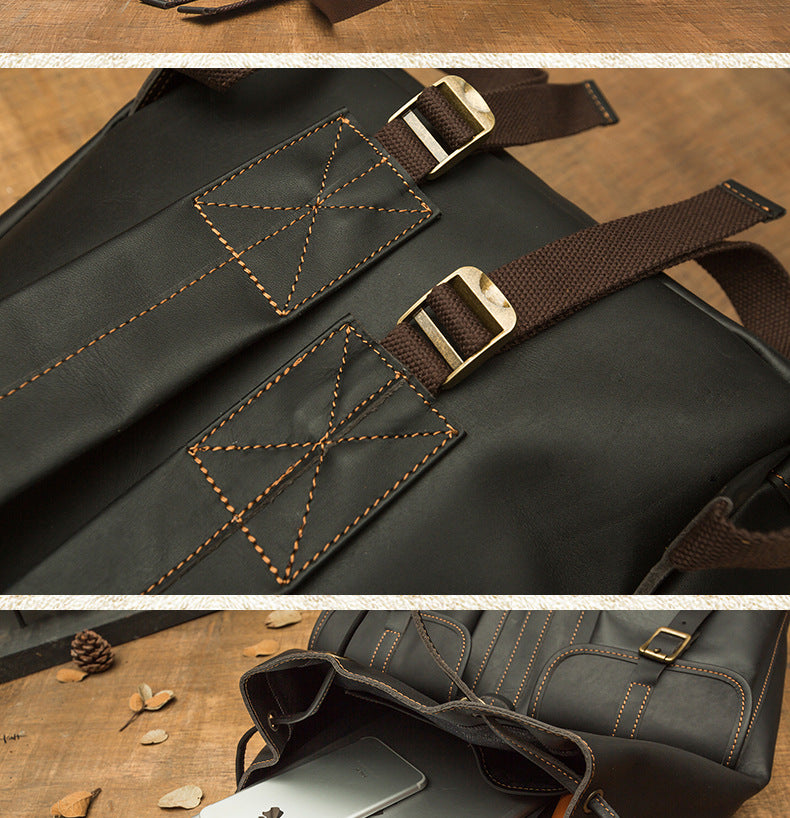 Men's backpack handmade original cowhide genuine leather retro fashion unisex casual bag 
