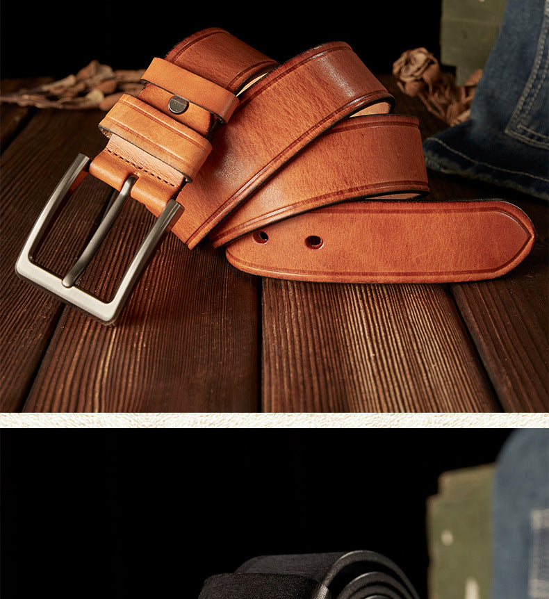 Men's Belt Handmade Cowhide Genuine Leather Retro Simple Casual Fashion Stainless Steel Needle Buckle Men's Belt 