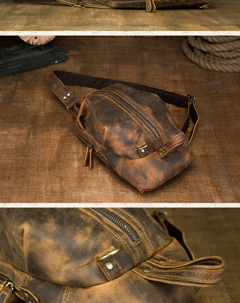 Men's Bust Bag Genuine Cowhide Leather Handmade Casual Vintage Unique Korean Fashion Crossbody Bag for Men 