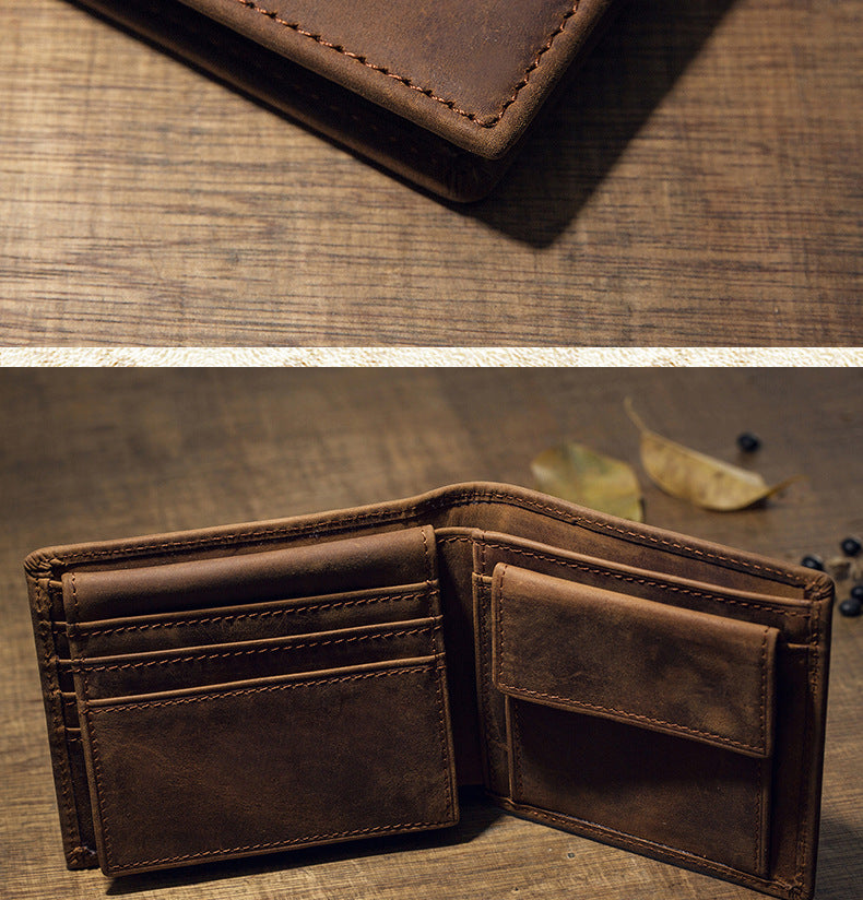 Men's Short Wallet Original Handmade Cowhide Genuine Leather Crazy Horse Retro Korean Fashion Coin Purse Men's Wallet 