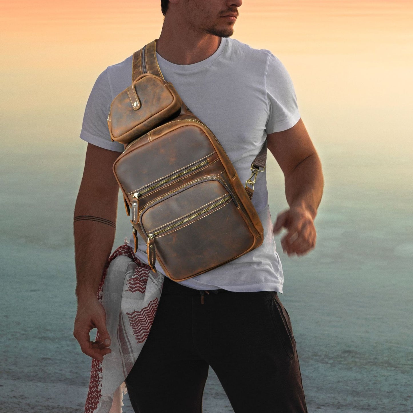 Men's Backpack Cowhide Genuine Leather Versatile Retro Outdoor Fashion Men's Bust Bag 