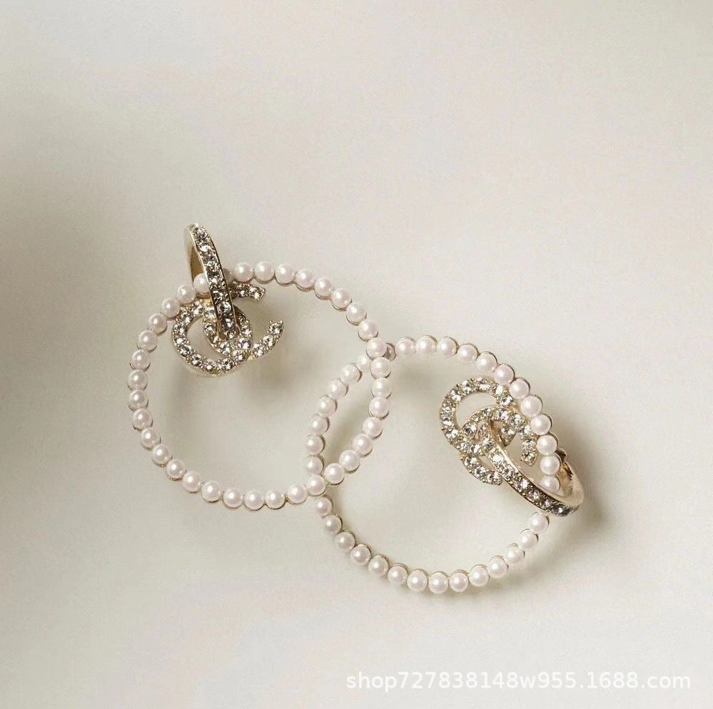 Earrings Pearl Circle Openwork Cubic Chassis Temperament Ear Hanging Earrings 