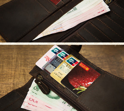 Men's Wallet Handmade Original Crazy Horse Genuine Cowhide Leather Retro Card Holder Large Capacity Zipper Mobile Phone Bag Men Handbag 