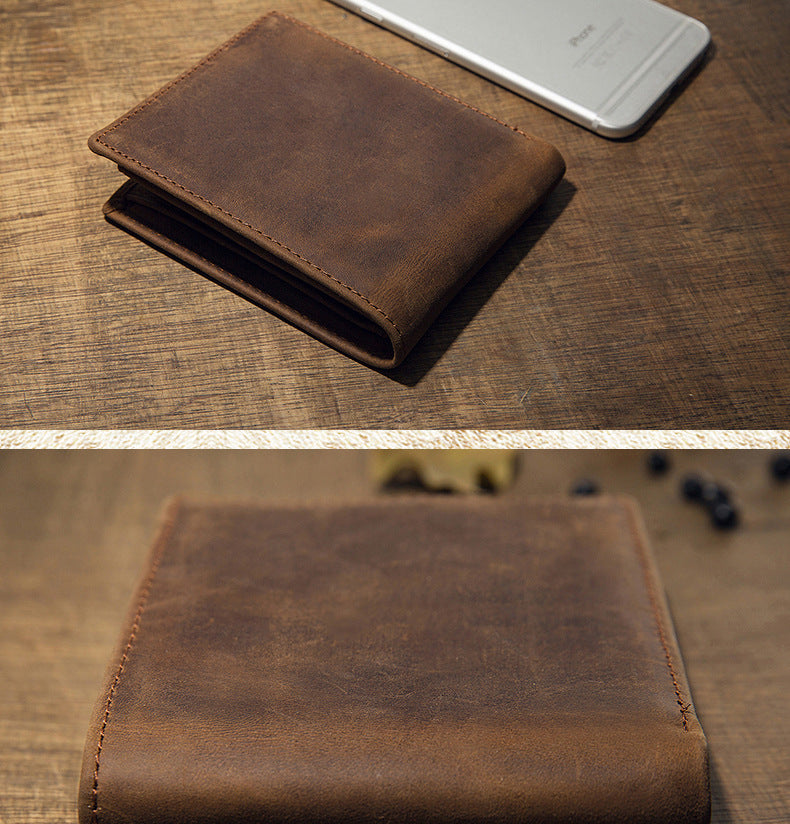 Men's Short Wallet Original Handmade Cowhide Genuine Leather Crazy Horse Retro Korean Fashion Coin Purse Men's Wallet 