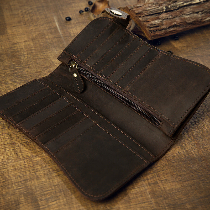 Men's Wallet Handmade Original Crazy Horse Genuine Cowhide Leather Retro Card Holder Large Capacity Zipper Mobile Phone Bag Men Handbag 