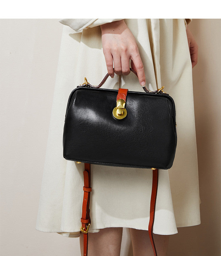 Women's Bag Retro Genuine Leather Handmade Cowhide Doctor Bag Fashion Handbag Temperament Shoulder Bag.Pochette