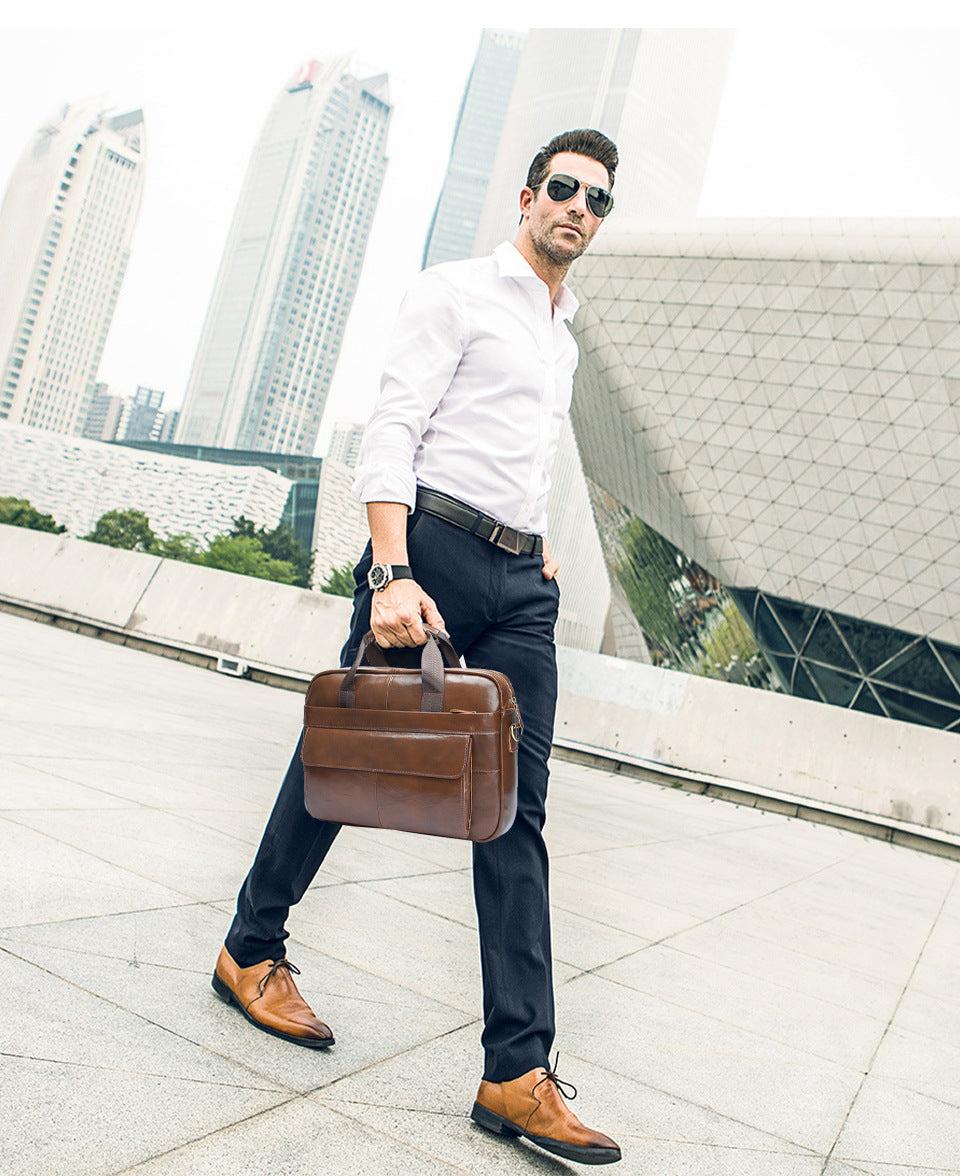 Men's Handbag Briefcase Cowhide Genuine Leather Retro Business Computer Bag for Men 