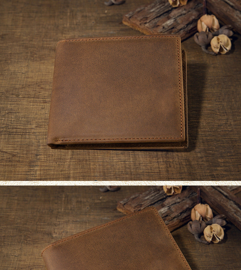 Men's short wallet made of genuine cowhide leather Crazy Horse Original casual simple thin Korean fashion unique wallet for men 