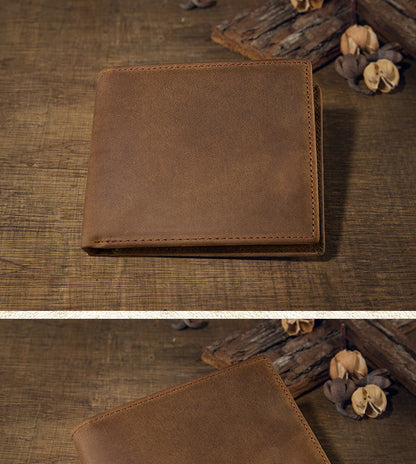 Men's short wallet made of genuine cowhide leather Crazy Horse Original casual simple thin Korean fashion unique wallet for men 