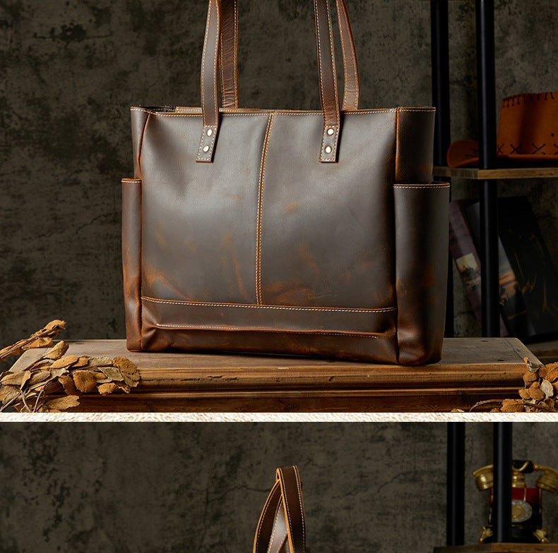 Men's tote bag, handmade, genuine cowhide leather, unisex handbag, casual school commuting shoulder bag 
