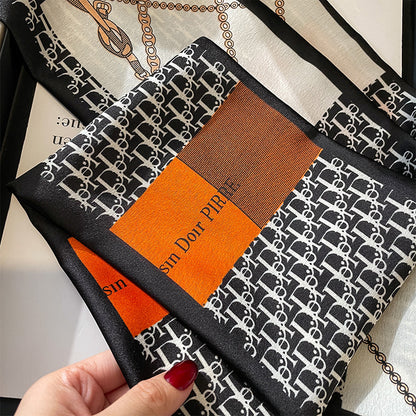 Scarf pattern mother pattern chain print pattern flat angle small neckerchief double simulation neckerchief long ribbon women ins style