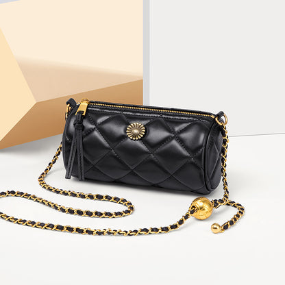 Women's genuine leather plaid cylindrical bag Crossbody bag Mini fashion chain bag Shoulder bag that goes with anything. Pochette