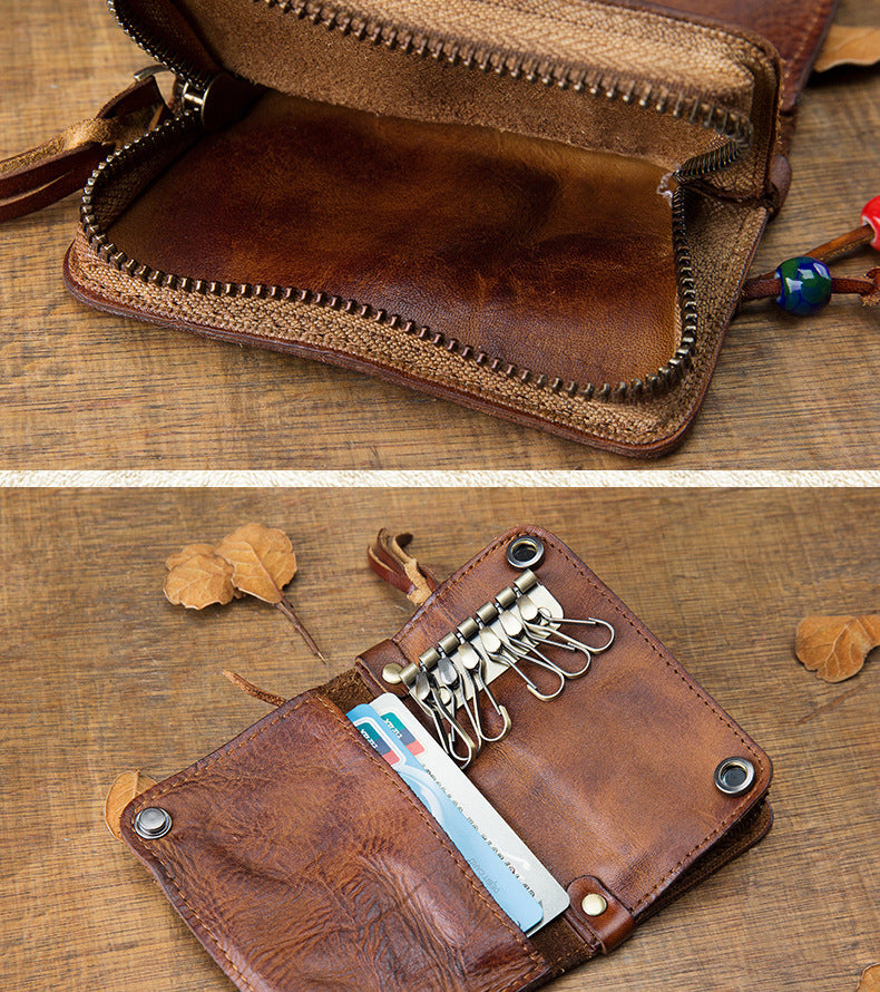 Men's wallet, genuine cowhide leather, key chain, coin purse, zipper, multi-function, large capacity, card bag for men 