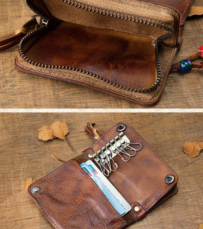 Men's wallet, genuine cowhide leather, key chain, coin purse, zipper, multi-function, large capacity, card bag for men 