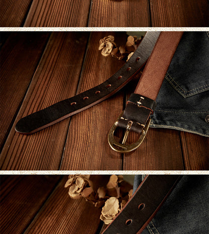 Men's Belt Handmade Genuine Cowhide Leather Unique Copper Needle Buckle Vintage Fashion Men's Belt