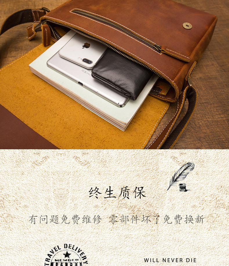 Men's Messenger Bag Handcrafted Genuine Cowhide Leather Shoulder Bag Simple Fashion Unique Crossbody Bag 