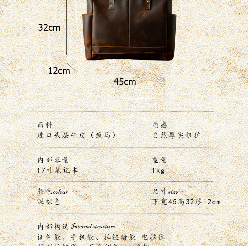 Men's tote bag, handmade, genuine cowhide leather, unisex handbag, casual school commuting shoulder bag 