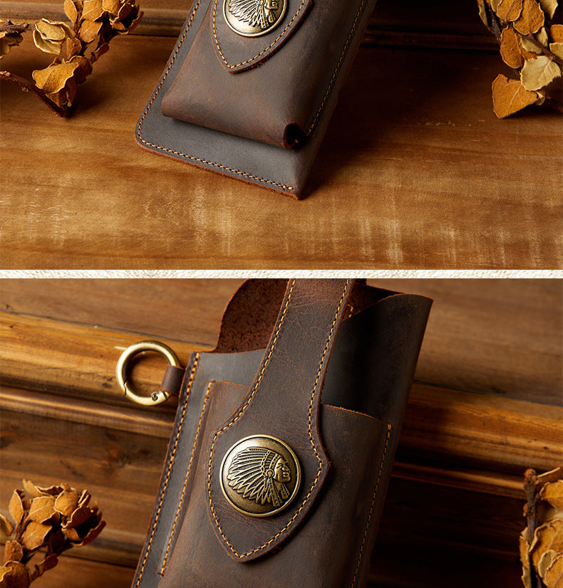 Men's Waist Pouch Mobile Phone Bag Keychain Handmade Cowhide Crazy Horse Belt Bag Mobile Phone Leather Cover Mini Bags for Men 