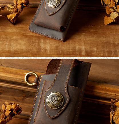 Men's Waist Pouch Mobile Phone Bag Keychain Handmade Cowhide Crazy Horse Belt Bag Mobile Phone Leather Cover Mini Bags for Men 