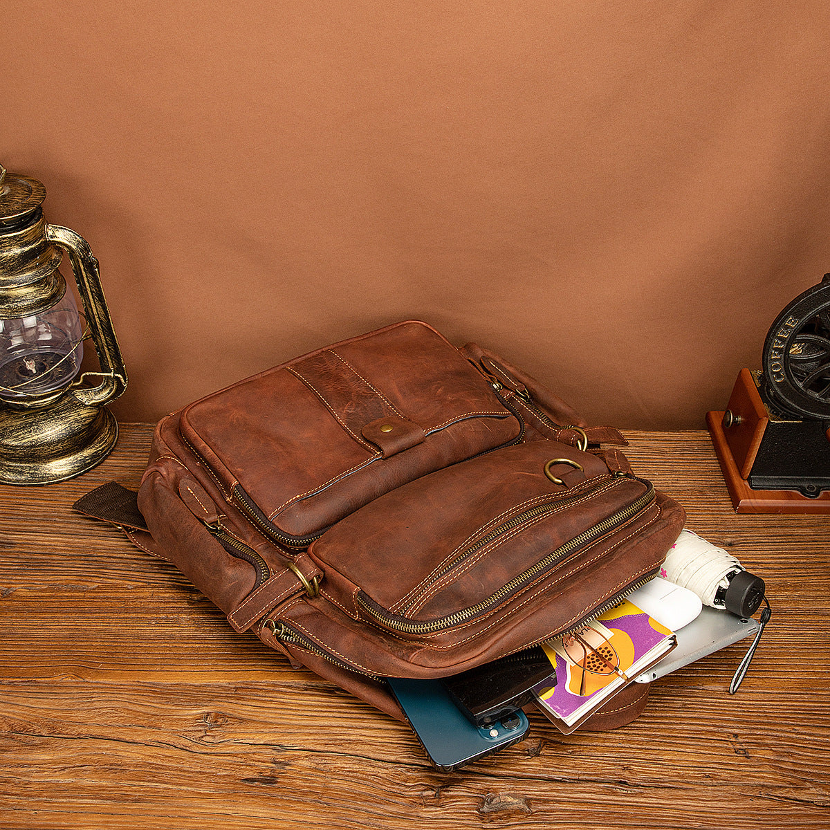Men's backpack genuine leather cowhide retro large capacity men computer bag 
