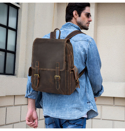 Men's Rucksack Genuine Cowhide Leather Retro Large Capacity Computer Bag for Men 