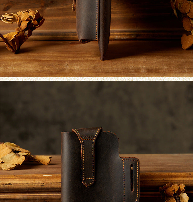 Men's Waist Pouch Handmade Cow Leather Crazy Horse Personality Mobile Phone Keychain Mobile Phone Case Sports Mini Bag 