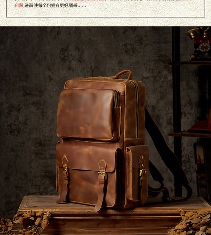 Men's Backpack Handmade Cowhide Genuine Leather Retro Crazy Horse Large Capacity Travel Bag Men's Computer Bag 