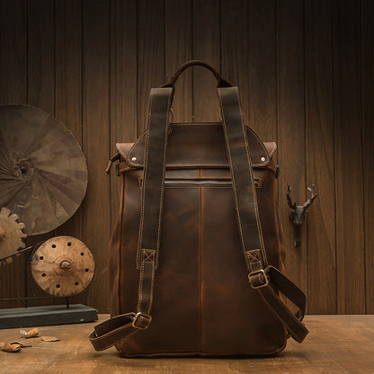 Men's Rucksack Genuine Cowhide Leather Handmade Korean Fashion Unique Travel Computer Bag for Men 