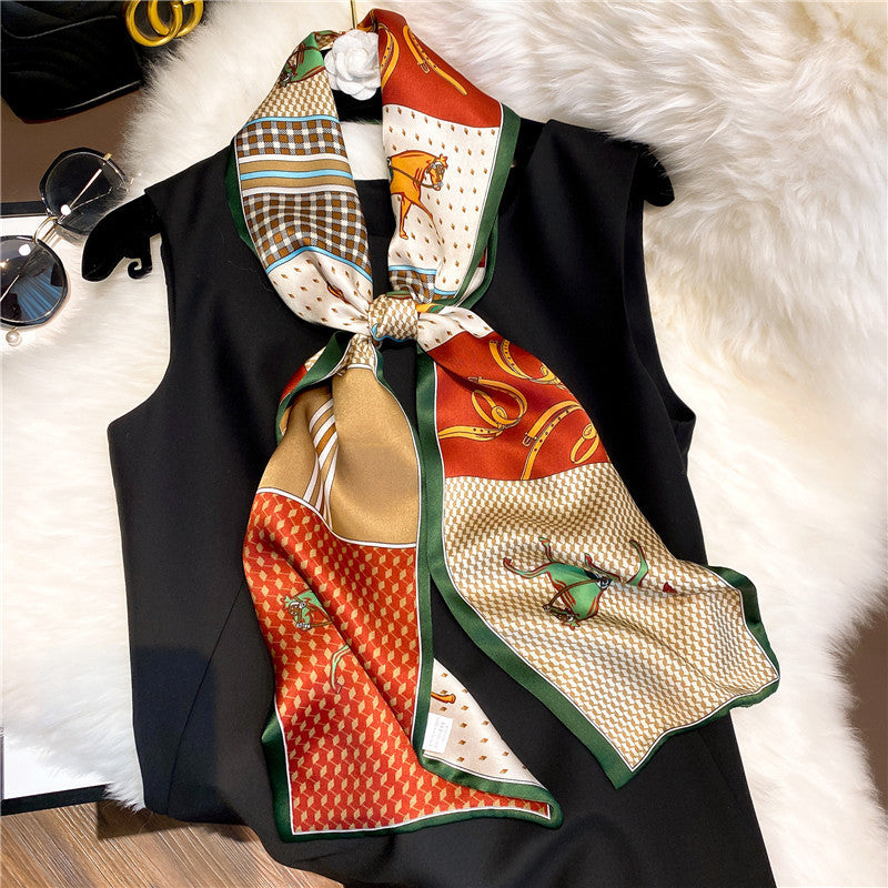 Silk scarf plaid scarf double silk satin scarf mulberry silk thread elongated ribbon double-sided neckerchief fashionable scarf