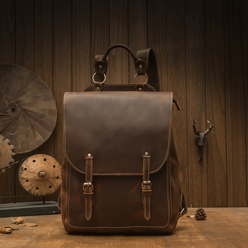 Men's Rucksack Genuine Cowhide Leather Handmade Korean Fashion Unique Travel Computer Bag for Men 