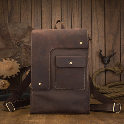 Men's Rucksack Cowhide Genuine Leather Handmade Unique Fashion Casual Travel Bag Computer Bag 