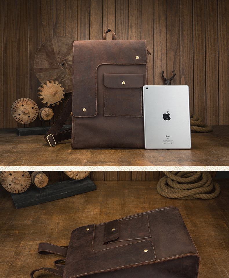 Men's Rucksack Cowhide Genuine Leather Handmade Unique Fashion Casual Travel Bag Computer Bag 