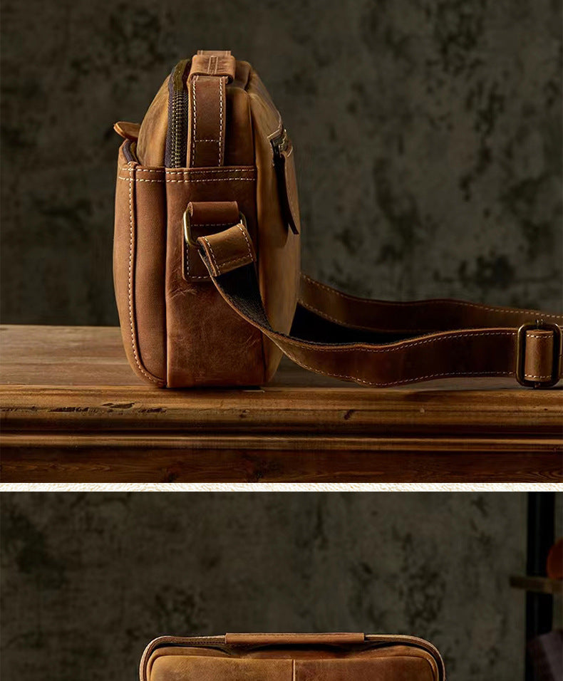 Men's Shoulder Bag Handmade Cow Leather Casual Simple Retro Zipper Crossbody Bag 