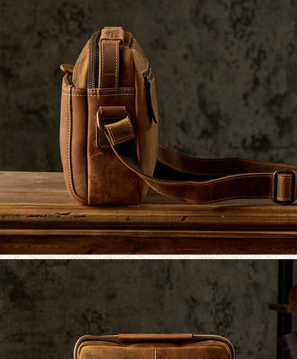 Men's Shoulder Bag Handmade Cow Leather Casual Simple Retro Zipper Crossbody Bag 