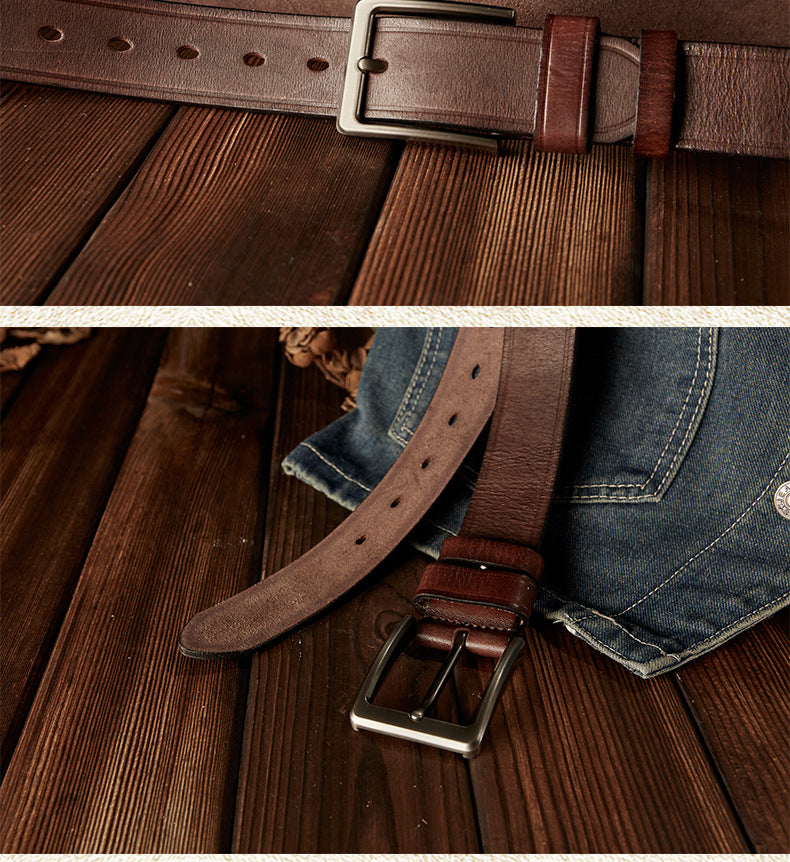 Men's Belt Handmade Cowhide Genuine Leather Retro Simple Casual Fashion Stainless Steel Needle Buckle Men's Belt 