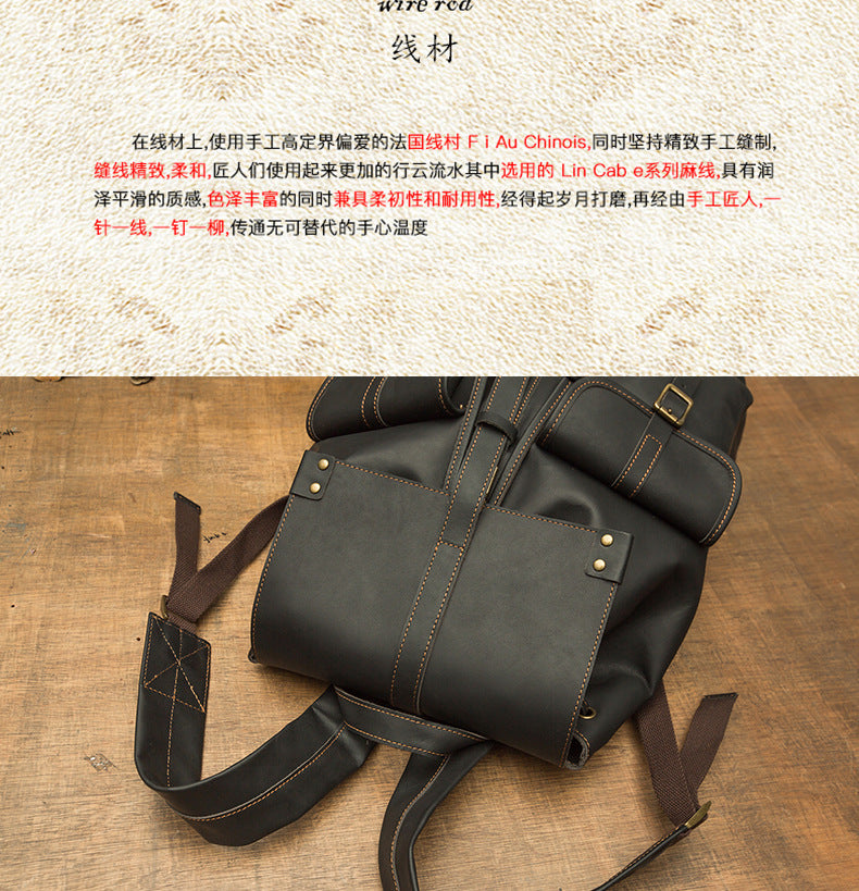 Men's backpack handmade original cowhide genuine leather retro fashion unisex casual bag 