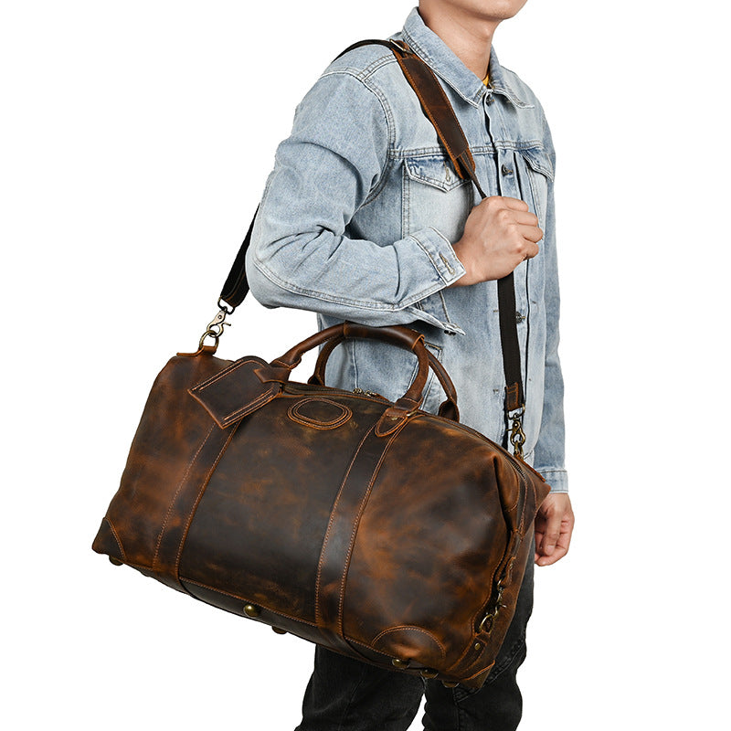 Men's Handbag Genuine Cowhide Luggage Bag Retro Casual Large Capacity Business Travel Bag for Men 