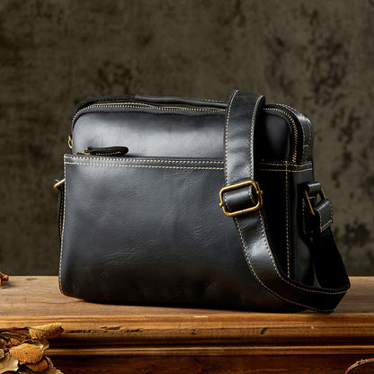 Men's Shoulder Bag Handmade Cow Leather Casual Simple Retro Zipper Crossbody Bag 