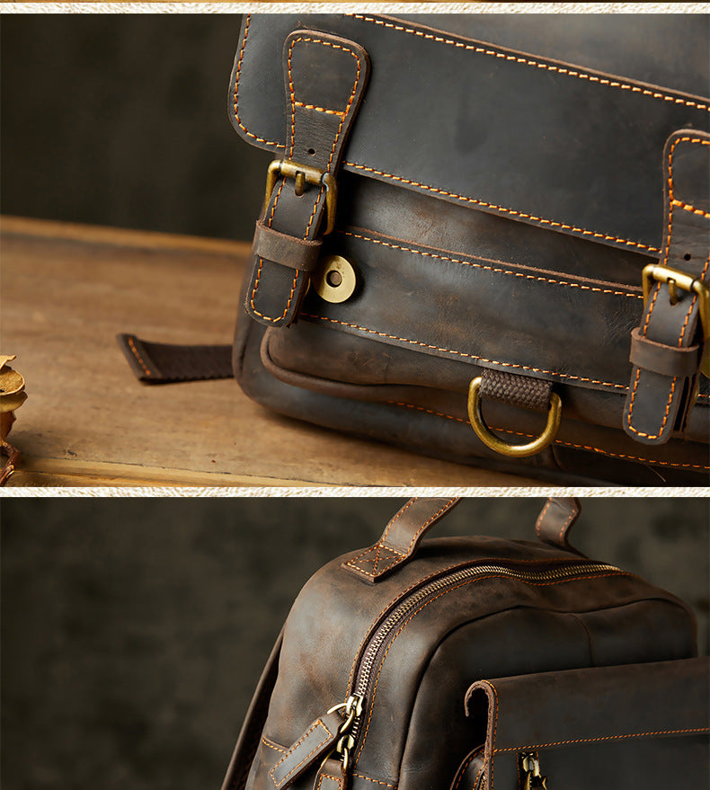 Men's Rucksack Handmade Crazy Horse Cowhide Genuine Leather Retro Outdoor Travel Bag Fashion Unique Men's Bag 